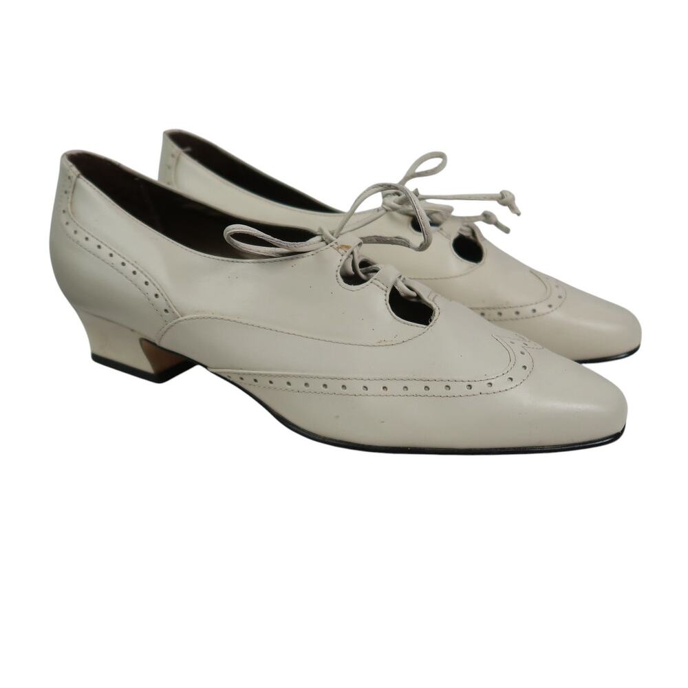 Vintage 80s Ellemenno Cream Leather Lace-Up Oxford Heels Pompadour 7.5